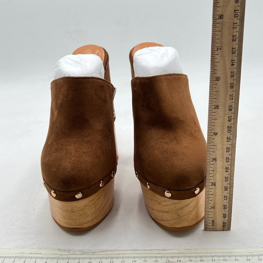 FSJ Brown Suede Round Toe Mules High Chunky Heeled Sandals Slip On Platform Shoe - Picture 3 of 8